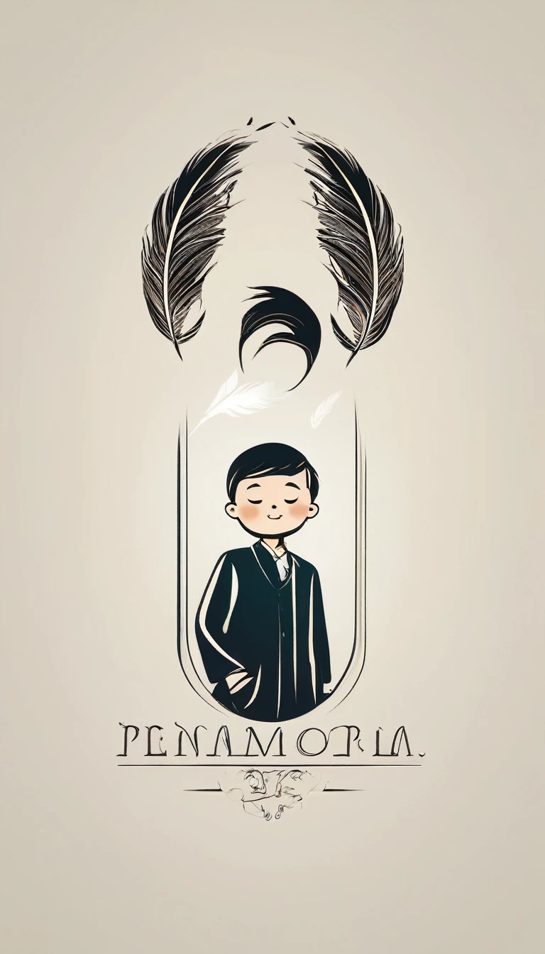 Create a minimal, modern, simple, inspirational, memorable, dream like logo design of a boy and a feather for the brand “Penamemoria".