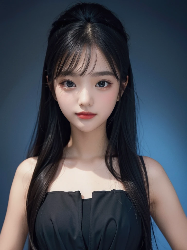 1 Girl, Black formal wear, Blue Background,   ID photo