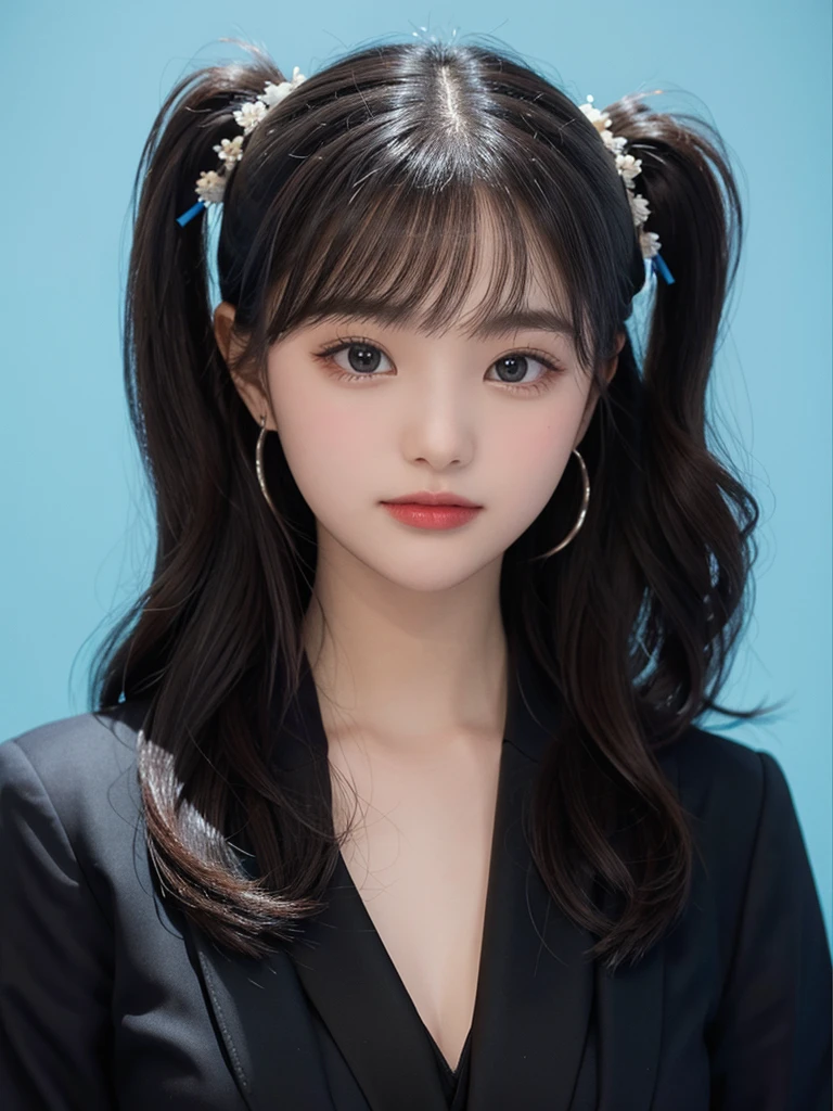 1 Girl, Black formal wear, Blue Background, ID photo