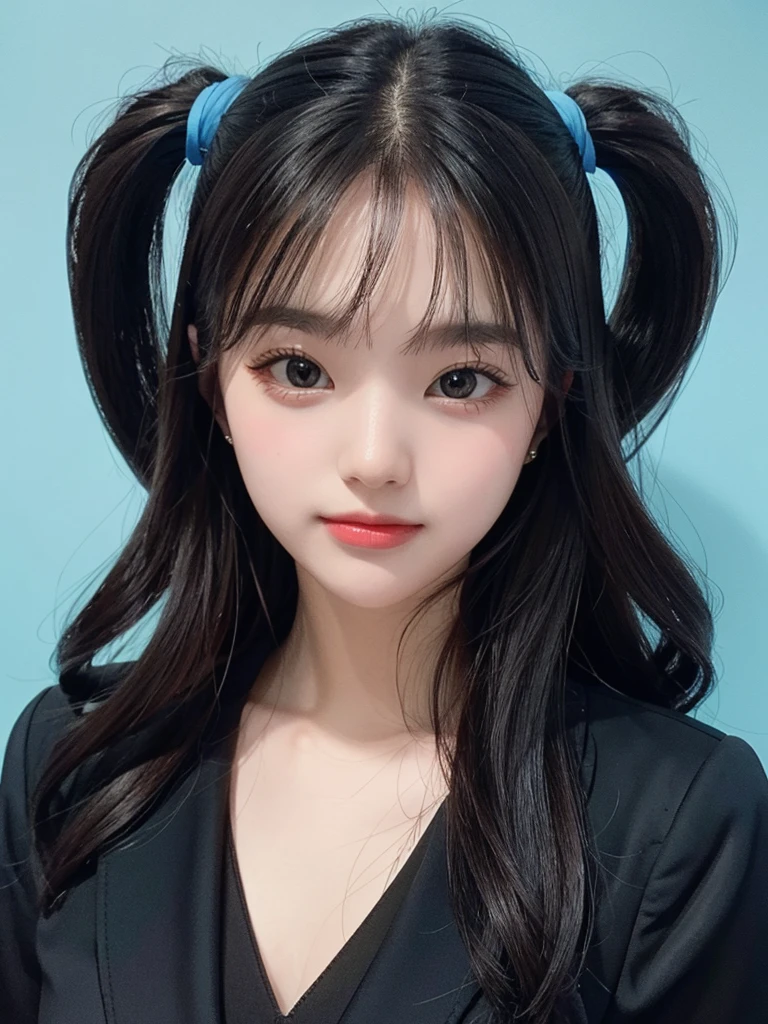 1 Girl, Black formal wear, Blue Background,   ID photo