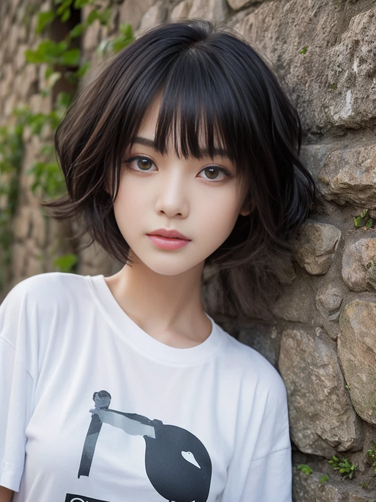 ,From below,The angle from which you shot from directly above,Dynamic poses,(best quality, Very detailed, masterpiece:1.2), 1 female, Very thin body, length, Thin legs, ((Black Wavy Short Layered Haircut:1.2)), ((Thick shaggy bangs)), Very detailedな顔,A faint smile, small, Thin nose, small thin mouth, Extremely sharp eyes, Japanese, Pretty Face, Realistic eyes, Pretty and beautiful eyes, Realistic skin, Beautiful skin, charm, (Vivid faces), Beautiful hairstyle,((Oversized T-shirt)), high resolution, vibrant color palette, Mysterious and eerie stone wall, Great place,Characteristic dark shadows and strange details,