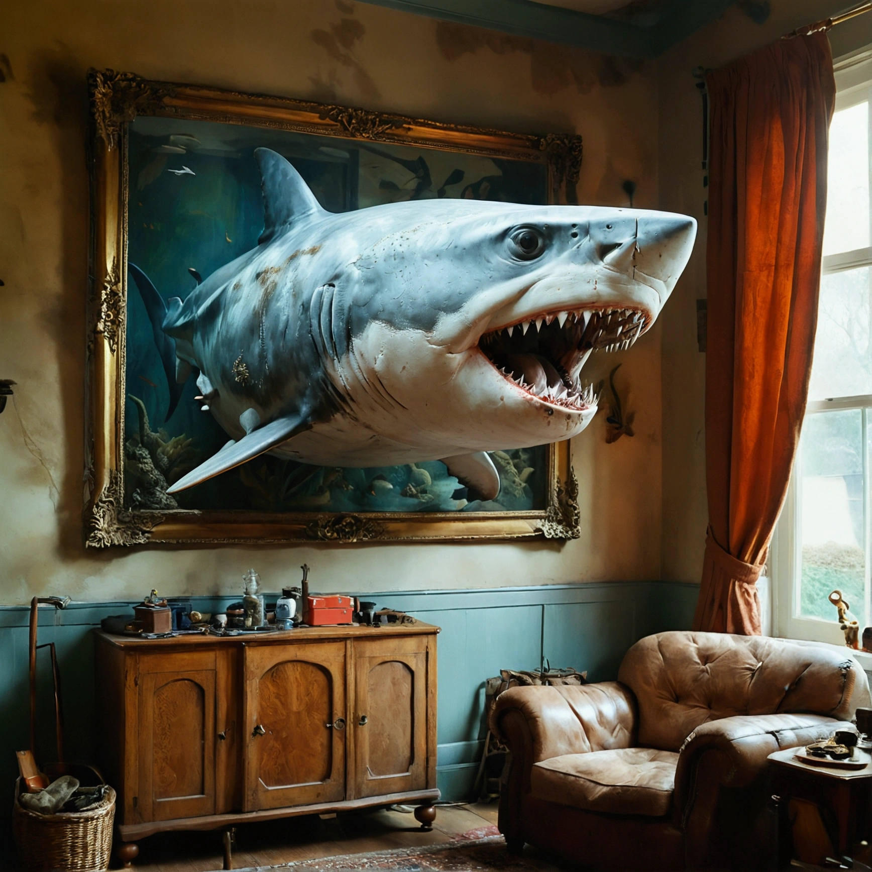 a man smokes his pipe in his living room in which a huge shark is on display, in the style of large-scale works, ilford xp2, distinctive noses, depictions of labor, i can't believe how beautiful this is, #vfxfriday, yankeecore