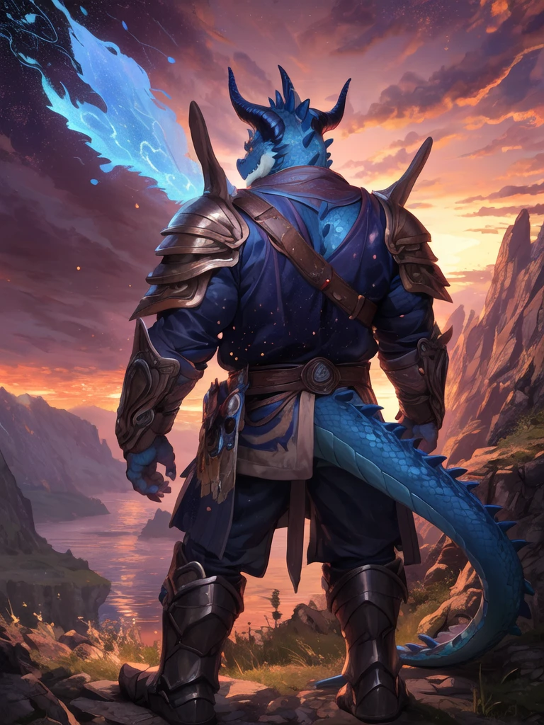 alone, male, mature male, (male anthro dragon:1.3), (Blue body:1.1), (Are standing:1.3), (kemono:1.2), (sunset:1.23), armor, (Robe), (Recall:1.2), Head raised, (Rear View), landscape, cliff, dawn, horizon, Fine grain, Portraiture, Dragon Tail, Horn, (Fine grain), (outside:1.35), Grass, hill, (cloud), (particle ,fire Fly, Glowing blue:1.3), Detailed Background, 8k hd, (Dark Shadows, Wide dynamic range, High resolution, Low Light:1.2), Pino Daeni, barazoku, [Dagashi, Author: zixiong], Cygames, From null-ghost, (scenery)
