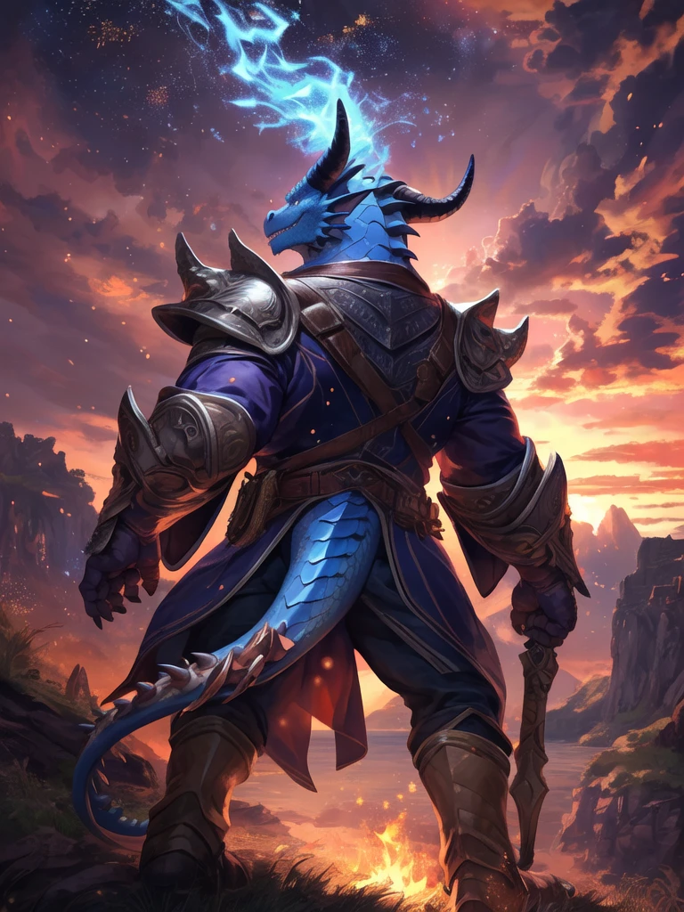 alone, male, mature male, (male anthro dragon:1.3), (Blue body:1.1), (Are standing:1.3), (kemono:1.2), (sunset:1.23), armor, (Robe), (Recall:1.2), Head raised, (Rear View), landscape, cliff, dawn, horizon, Fine grain, Portraiture, Dragon Tail, Horn, (Fine grain), (outside:1.35), Grass, hill, (cloud), (particle ,fire Fly, Glowing blue:1.3), Detailed Background, 8k hd, (Dark Shadows, Wide dynamic range, High resolution, Low Light:1.2), Pino Daeni, barazoku, [Dagashi, Author: zixiong], Cygames, From null-ghost, (scenery)