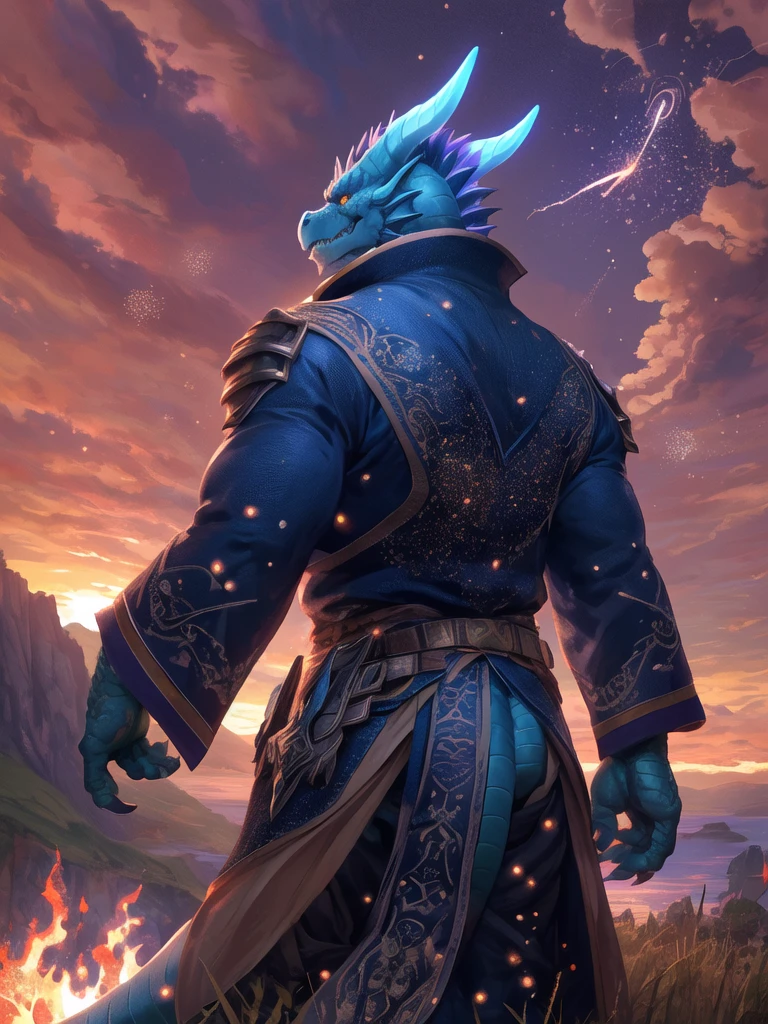 alone, male, mature male, (male anthro dragon:1.3), (Blue body:1.1), (Are standing:1.3), (kemono:1.2), (sunset:1.23), armor, (Robe), (Recall:1.2), Head raised, (Rear View), landscape, cliff, dawn, horizon, Fine grain, Portraiture, Dragon Tail, Horn, (Fine grain), (outside:1.35), Grass, hill, (cloud), (particle ,fire Fly, Glowing blue:1.3), Detailed Background, 8k hd, (Dark Shadows, Wide dynamic range, High resolution, Low Light:1.2), Pino Daeni, barazoku, [Dagashi, Author: zixiong], Cygames, From null-ghost, (scenery)
