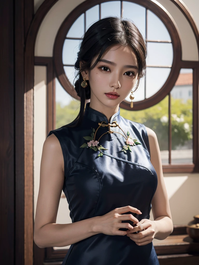 absurdres, RAW photo, extremely delicate and beautiful, masterpiece, Best Quality, ultra high resolution, 32k, hyperrealistic, ultra-detailed, perfect figure, in her 20s, very small head, very small face, delicate facial features, tearful mole, earring, ((huge breasts)), ((full body shot)), medium hair, black hair, ((cheongsam)), sleeveless, deep slit,