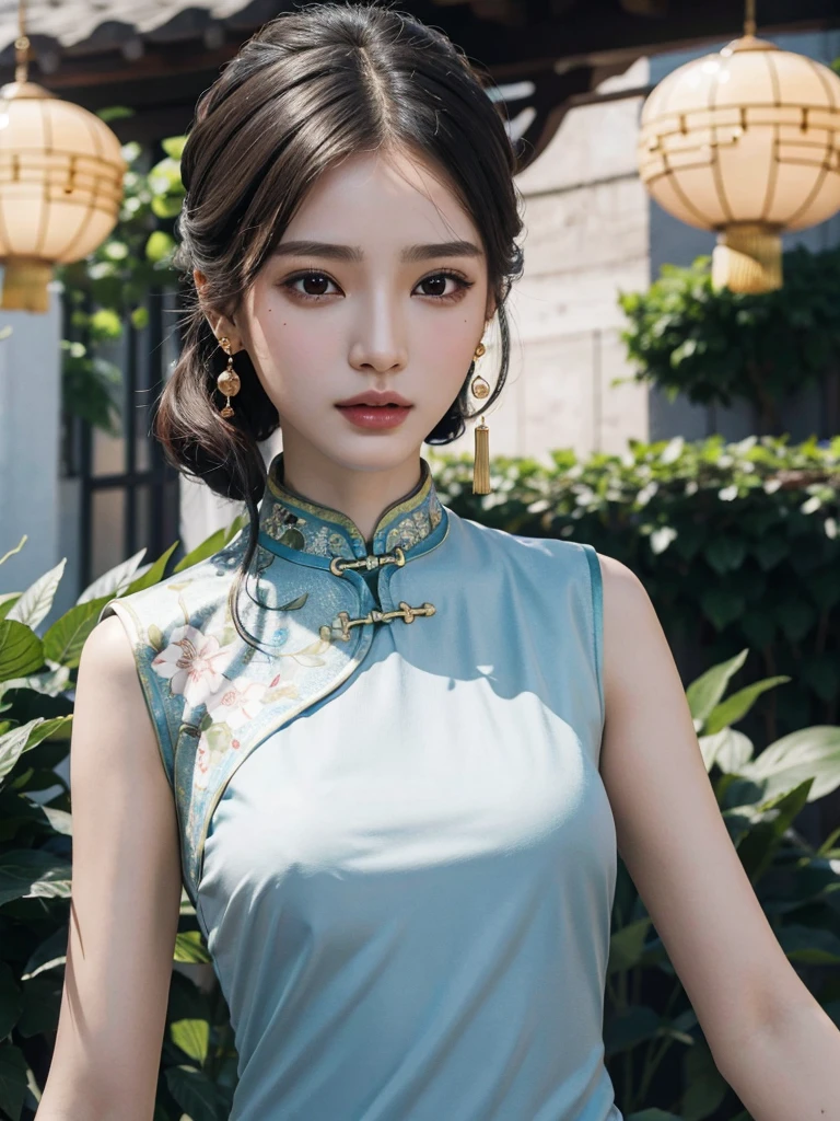 absurdres, RAW photo, extremely delicate and beautiful, masterpiece, Best Quality, ultra high resolution, 32k, hyperrealistic, ultra-detailed, perfect figure, in her 20s, very small head, very small face, delicate facial features, tearful mole, earring, ((huge breasts)), ((full body shot)), medium hair, black hair, ((cheongsam)), sleeveless, deep slit,