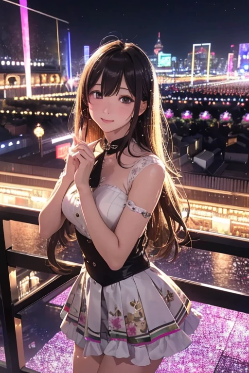 8K, (RAW Photos:1.2), (Photorealistic), Beautiful details, Famous popular idol、 (Genuine: 1.4),Couple, Very detailed目と顔, Beautiful and fine details, ((Glittering night illuminations at the square:1.2)), ((Women&#39;s Suits:1.3, Ultra-realistic pantyhose:1.2))、Selfie、Instagram、A tough challenge、Large file size, High resolution, Very detailed, Highest quality, [masterpiece:1.6], Awareness-raising, Very detailed, Browsing Caution, In detail, Highest quality, 8K壁紙, Cinema Lighting,Couple, 19 years old, Perfect body, Beautiful big droopy eyes, ((Tabletop)), Highest quality, eye shadow,  High heels、Portraiture、(A very loving smile:1.2)、Realistic skin texture、Glowing Skin、Exposed thighs, Low angle photo, Full Body Shot,
