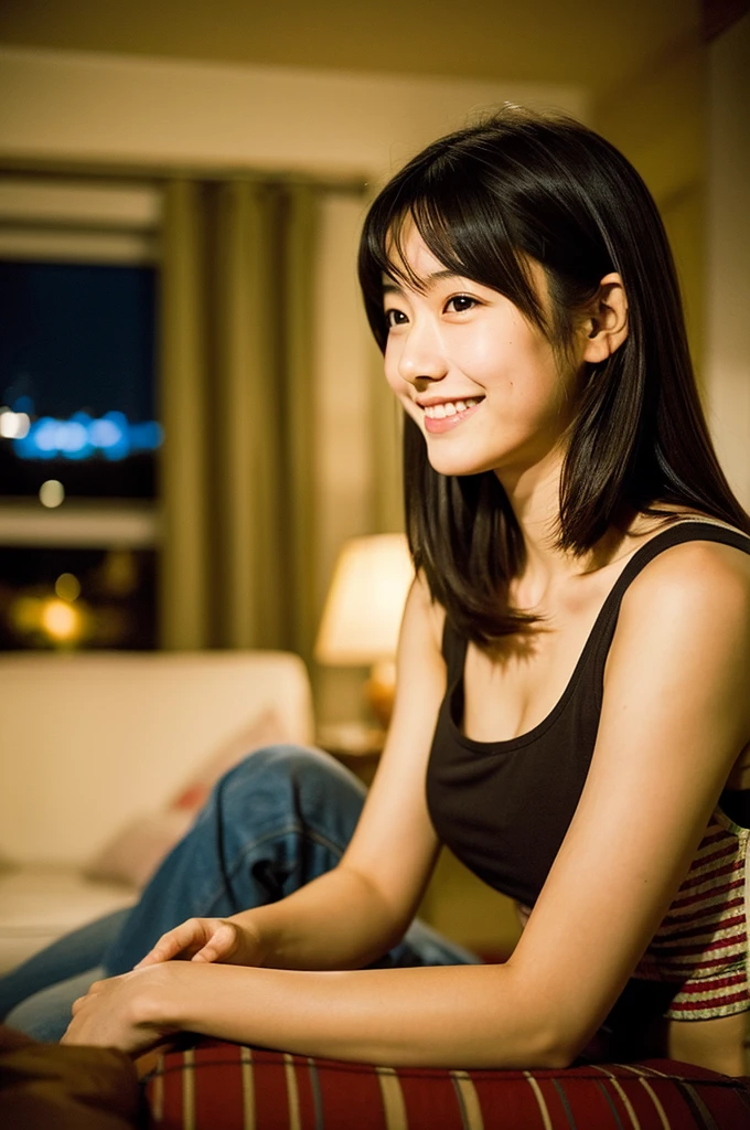Very cute 16 year old Japanese woman, corners of mouth turned up, gentle smile, muffin top, detailed face, detailed body with nice curves, drinking wine in the living room. Late night, movie photography, Leica 50 mm prime lens, Cine Steel 800T film, art color photography