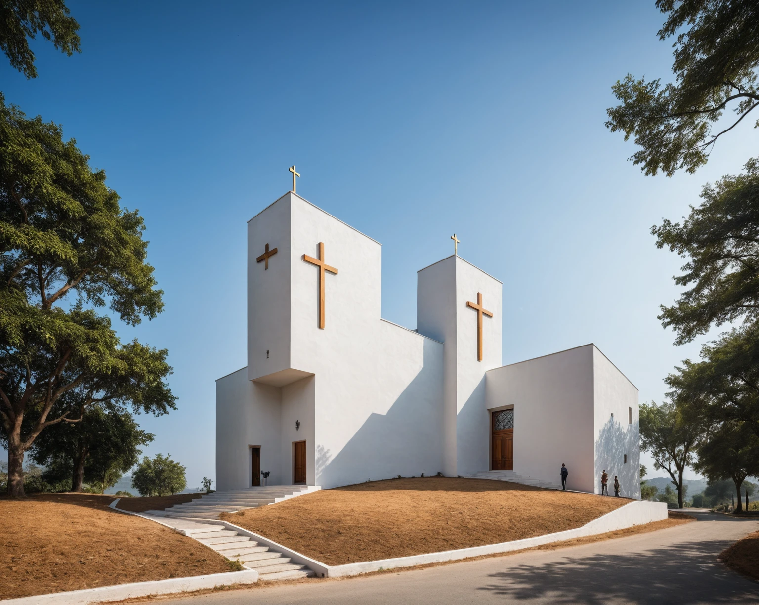 raw photo, best quality, ultra realistic, masterpiece, best quality skin, photography hd, dslr,
tcs, httlvn, modern church, road, people, house, facade design, outdoors, church, white walls, cross on top,
day light, sunshine,
View from a tree, dof view,