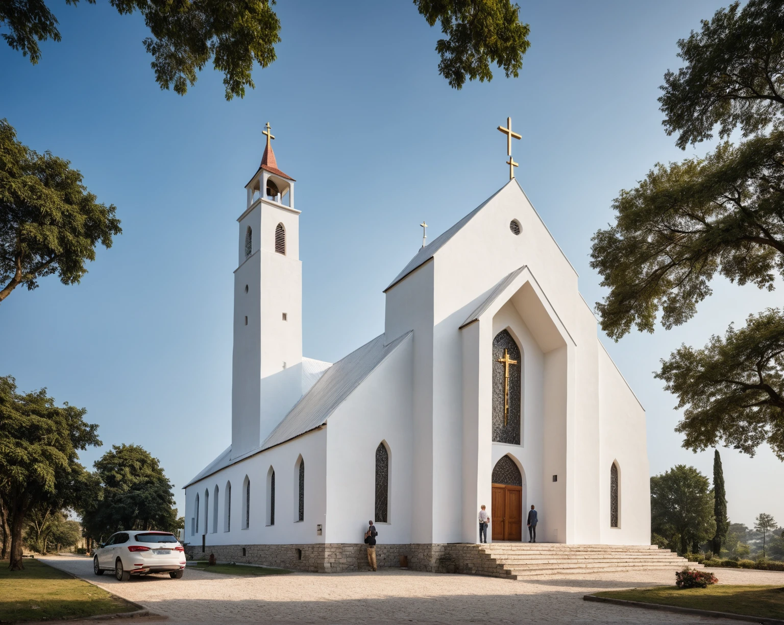 raw photo, best quality, ultra realistic, masterpiece, best quality skin, photography hd, dslr,
tcs, httlvn, modern church, road, people, house, facade design, outdoors, church, white walls, cross on top, 
day light, sunshine, 
View from a tree, dof view, 