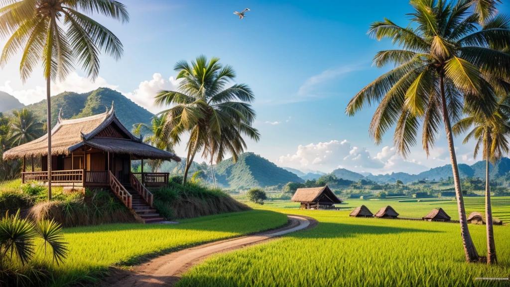 A realistic image of Thai northeastern countryside landscape, hill,sunshine,bird, grass, rice field, cart, palm tree, sugar palm, bamboo hut, coconut tree, earth road

