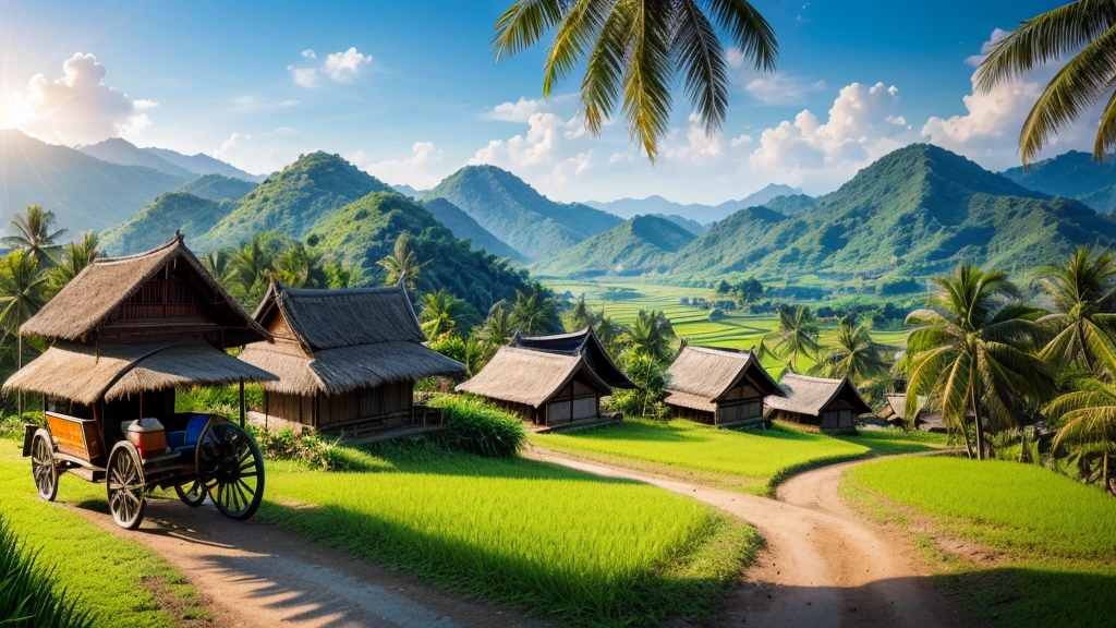A realistic image of Thai northeastern countryside landscape, hill,sunshine,bird, grass, rice field, cart, palm tree, sugar palm, bamboo hut, coconut tree, earth road
