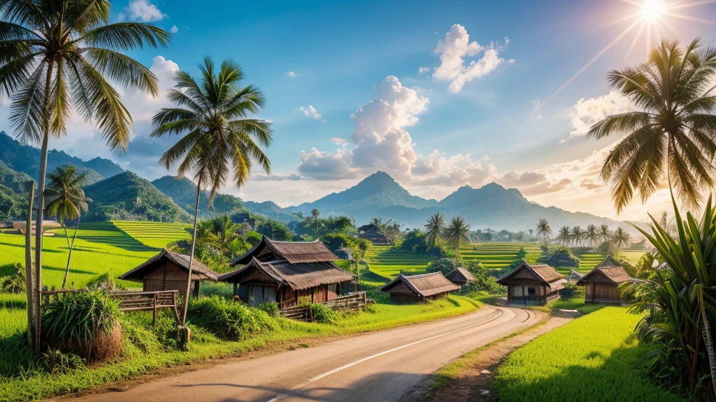 A realistic image of Thai northeastern countryside landscape, hill,sunshine,bird, grass, rice field, cart, palm tree, sugar palm, bamboo hut, coconut tree, earth road