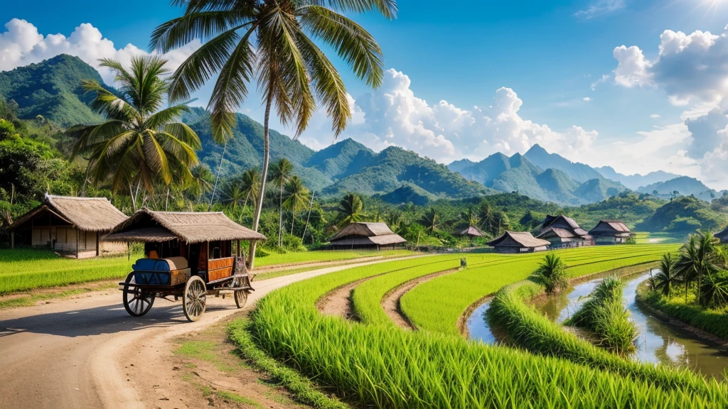 A realistic image of Thai northeastern countryside landscape, hill,sunshine,bird, grass, rice field, cart, palm tree, sugar palm, bamboo hut, coconut tree, earth road