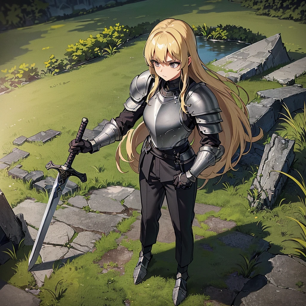 (((Solo)))、Best illustrations、Best Quality、(Full body character concept、detailed)、(((Simple grey armor、Black trousers、Black gloves、woman、18-year-old、Blonde、Long Hair)))、(((Grab the sword、Get Ready)))、(From below)、(Old ruins、Grass)、Fall to the floor、(Black, muddy swamp)、From above
