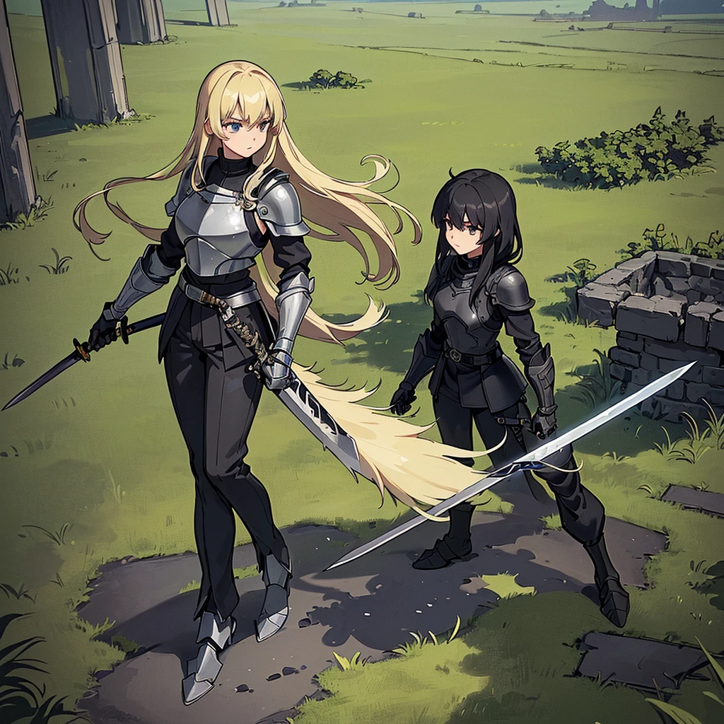 (((Solo)))、Best illustrations、Best Quality、(Full body character concept、detailed)、(((Simple grey armor、Black trousers、Black gloves、woman、18-year-old、Blonde、Long Hair)))、(((Grab the sword、Get Ready)))、(From below)、(Old ruins、Grass)、Fall to the floor、(Black, muddy swamp)、From above