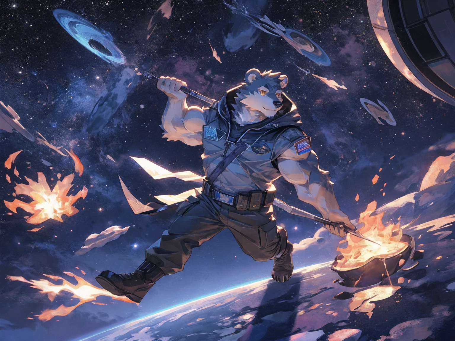 (masterpiece:1.2), best quality,pixiv,official art,perfect anatomy, (Ray tracing, light),solo, (1_male:1.3) , (muscle), (grey fur:1.4), (muscle bear), (beard:1.2), (gleaming golden eyes), bear tail, full body, Thick black eyebrows,(open hooded parka), (naked inside), (cargo pants:1.2), boots , (in the space:1.3) , star , planet , earth , asteroid , (character floating :1.3)
