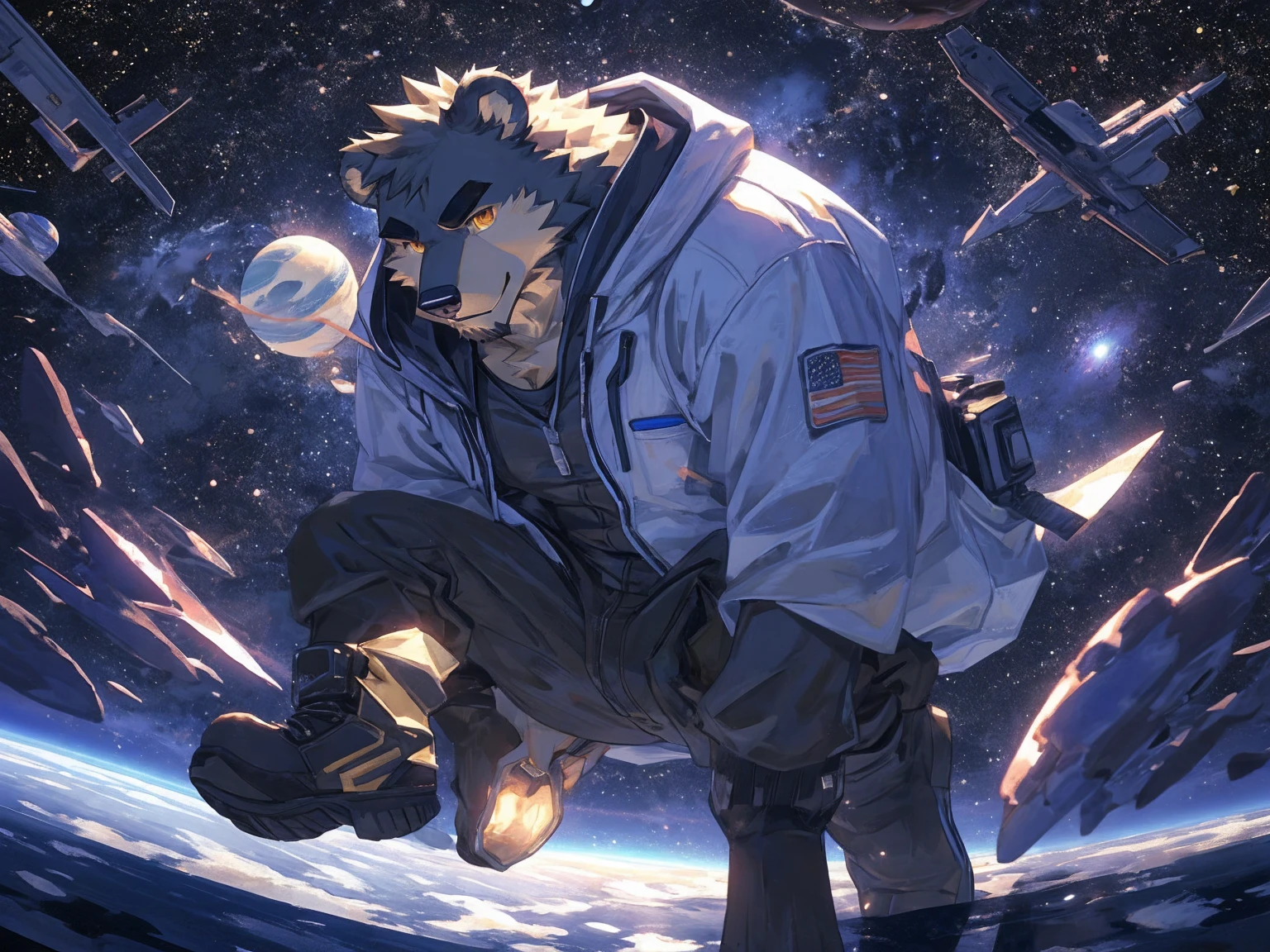 (masterpiece:1.2), best quality,pixiv,official art,perfect anatomy, (Ray tracing, light),solo, (1_male:1.3) , (muscle), (grey fur:1.4), (muscle bear), (beard:1.2), (gleaming golden eyes), bear tail, full body, Thick black eyebrows,(open hooded parka), (naked inside), (cargo pants:1.2), boots , (in the space:1.3) , star , planet , earth , asteroid , (character floating :1.3)