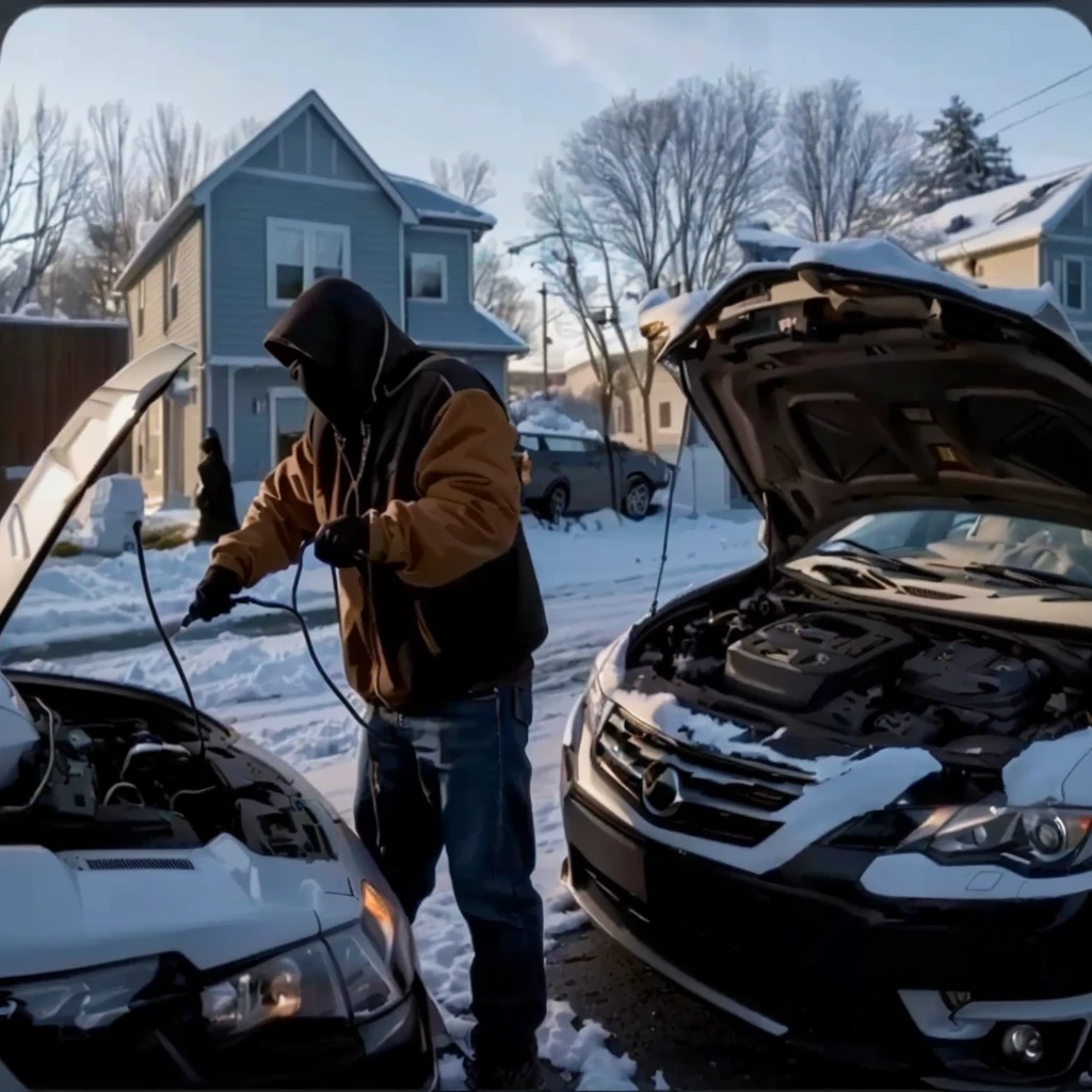 Extremely high image quality,real,photography,A hooded man and two cars with their hoods open, User Photos, accurately depicted, User Photosture,A clamp on the car battery,Man holding a clip,Connect two cars with two wires,One car charges another car,Open engine compartment,Clear internal structure,accurate depiction, Mechanical details,Rich details