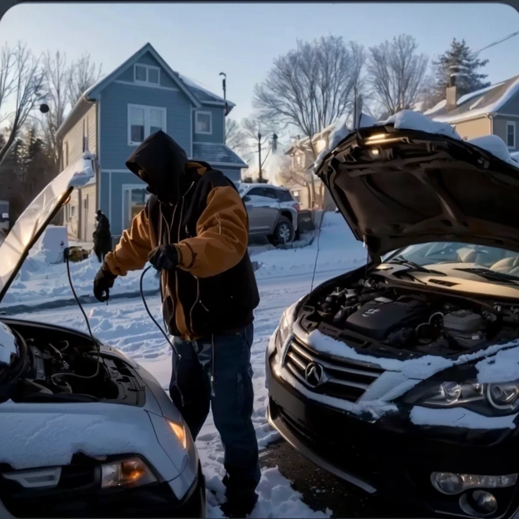 Extremely high image quality,real,photography,A hooded man and two cars with their hoods open, User Photos, accurately depicted, User Photosture,A clamp on the car battery,Man holding a clip,Connect two cars with two wires,One car charges another car,Open engine compartment,Clear internal structure,accurate depiction, Mechanical details,Rich details