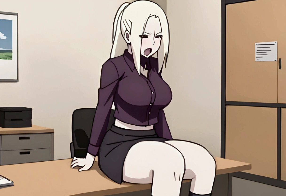 Ino, big breast, big thigh, no clothes , screaming in pain, pussy covered cum, wearing white button up clothes and tight black skirt, sitting on the desk, squat, office, girl masturbation