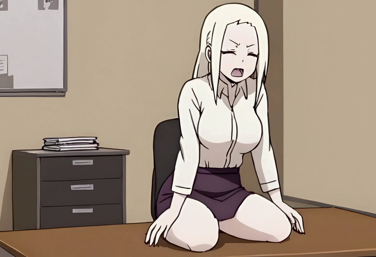 Ino, big breast, big thigh, no clothes , screaming in pain, pussy covered cum, wearing white button up clothes and tight black skirt, sitting on the desk, squat, office, girl masturbation