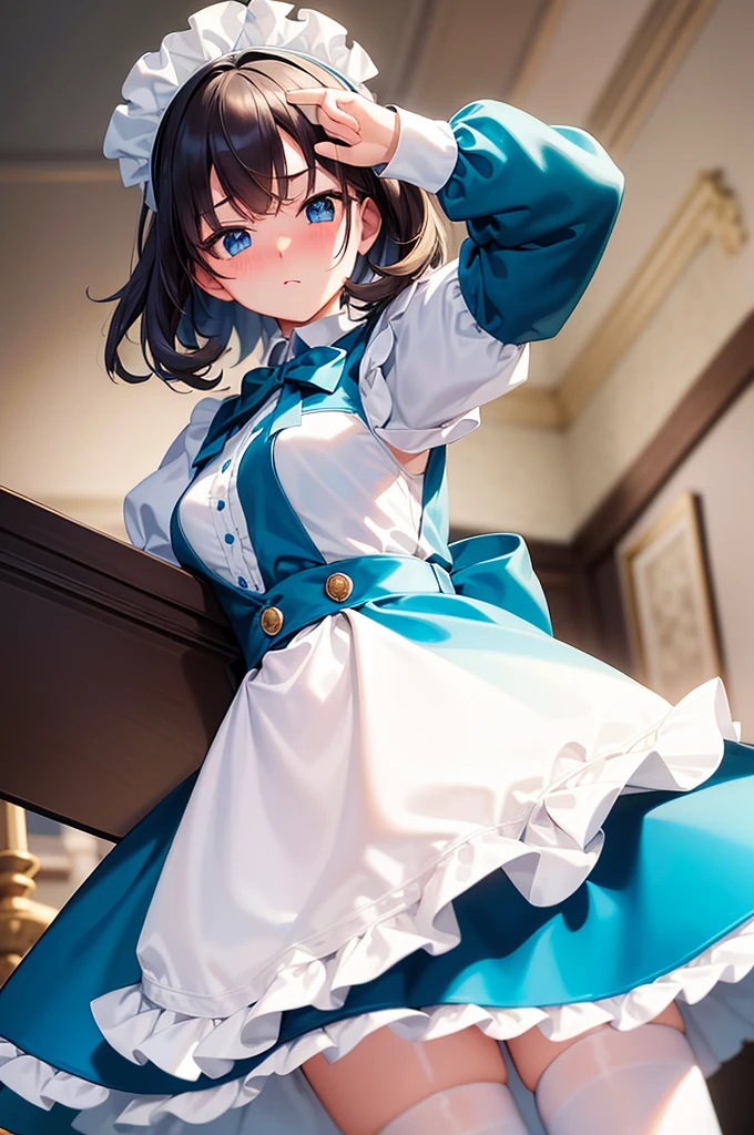 masterpiece, best quality,1girl, solo,whtie hair,medium hair,blue eyes,long sleeves,juliet sleeves,apron,maid,maid headdress,puffy sleeves,green dress,vest,buttons, white thighhighs,standing, looking at viewer, nose blush, (holding mop:1.2), cleaning, (from below:1.3),