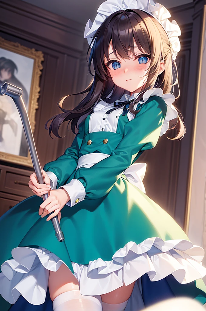 masterpiece, best quality,1girl, solo,whtie hair,medium hair,blue eyes,long sleeves,juliet sleeves,apron,maid,maid headdress,puffy sleeves,green dress,vest,buttons, white thighhighs,standing, looking at viewer, nose blush, (holding mop:1.2), cleaning, (from below:1.3),