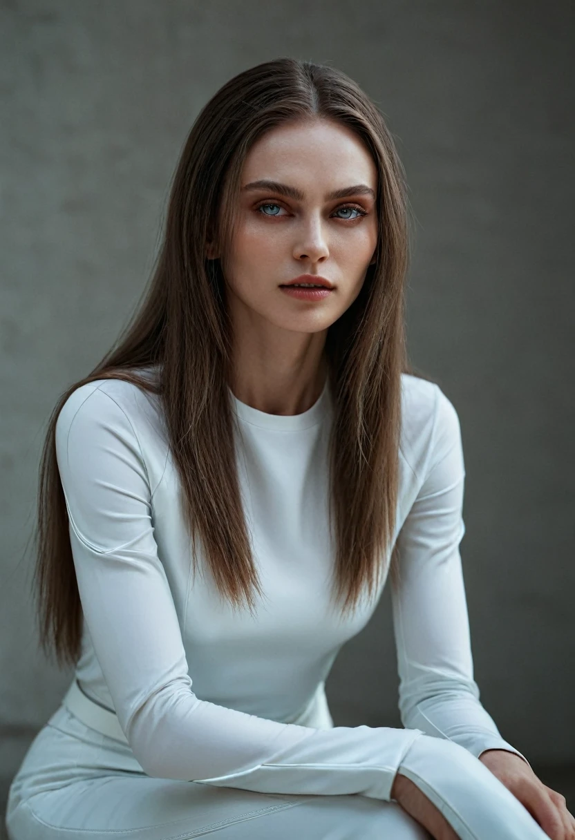Fashionable of androgynous alien looking witch, glowing eyes, beautiful evil slavic muscular woman, pale skin, long hair, futuristic design, minimal details, givenchy, photoreal, 200mm, hd, f/ 2.0, highly detailed, surreal, sitting, light smile, simple white stylish clothes, a slight smiledrop dead, in the style of red and blue, (intricate details, hyperdetailed:1.15) (skin texture:1.2), cinematic, professional, 4k, (((dynamic model pose))), sitting, full body, mesmerizing, dynamic, dramatic, dynamic pose, highly detailed skin with hair, subcutaneous veins, light and shadow play, highly detailed,24mm photograph, film, bokeh, professional, 4k,