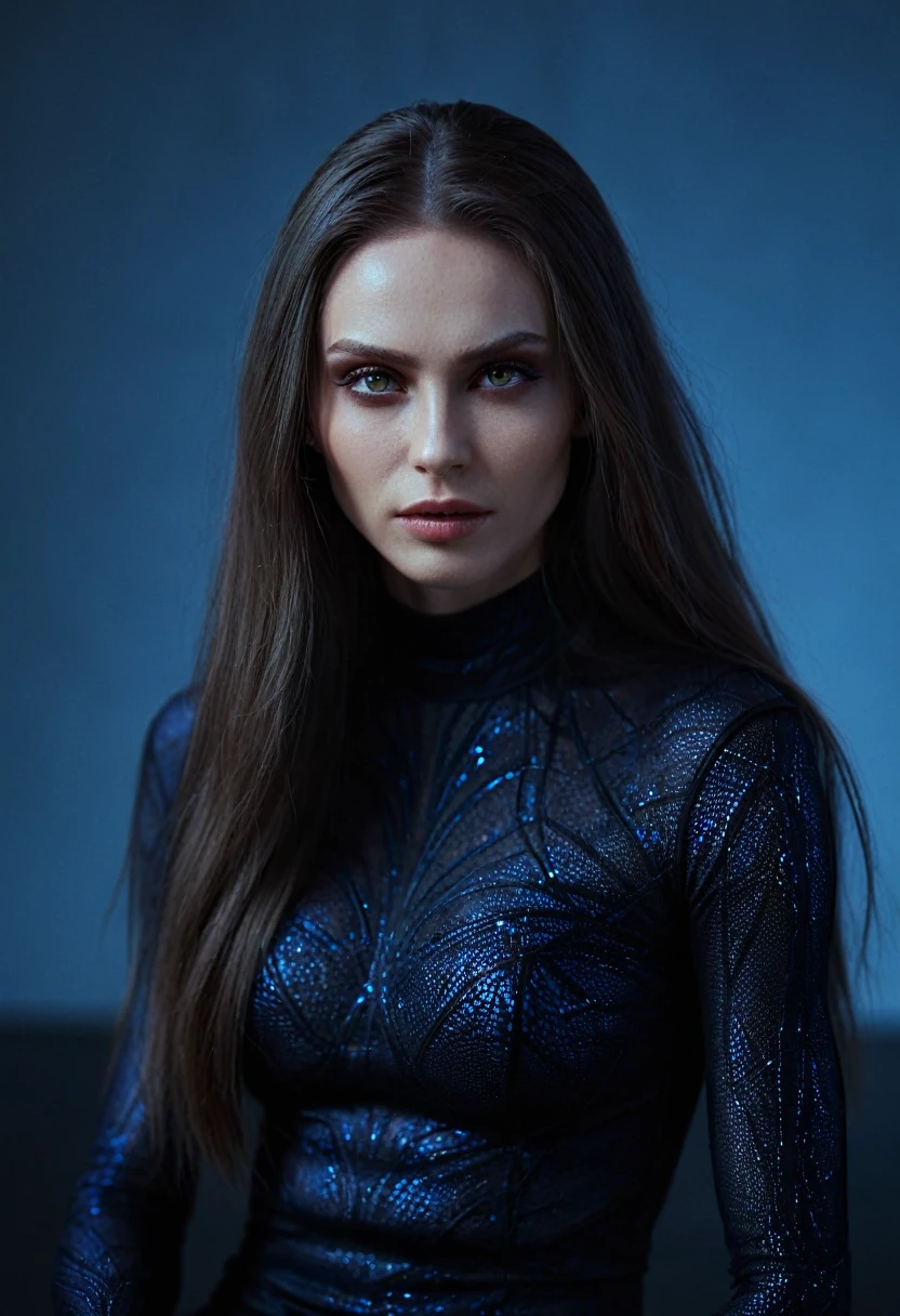 Fashionable of androgynous alien looking witch, glowing eyes, beautiful evil slavic muscular woman, pale skin, long hair, futuristic design, minimal details, givenchy, photoreal, 200mm, hd, f/ 2.0, highly detailed, surreal, sitting, light smile, simple black stylish clothes, a slight smiledrop dead, in the style of red and blue, (intricate details, hyperdetailed:1.15) (skin texture:1.2), cinematic, professional, 4k, (((dynamic model pose))), sitting, full body, mesmerizing, dynamic, dramatic, dynamic pose, highly detailed skin with hair, subcutaneous veins, light and shadow play, highly detailed,24mm photograph, bokeh, professional, 4k,