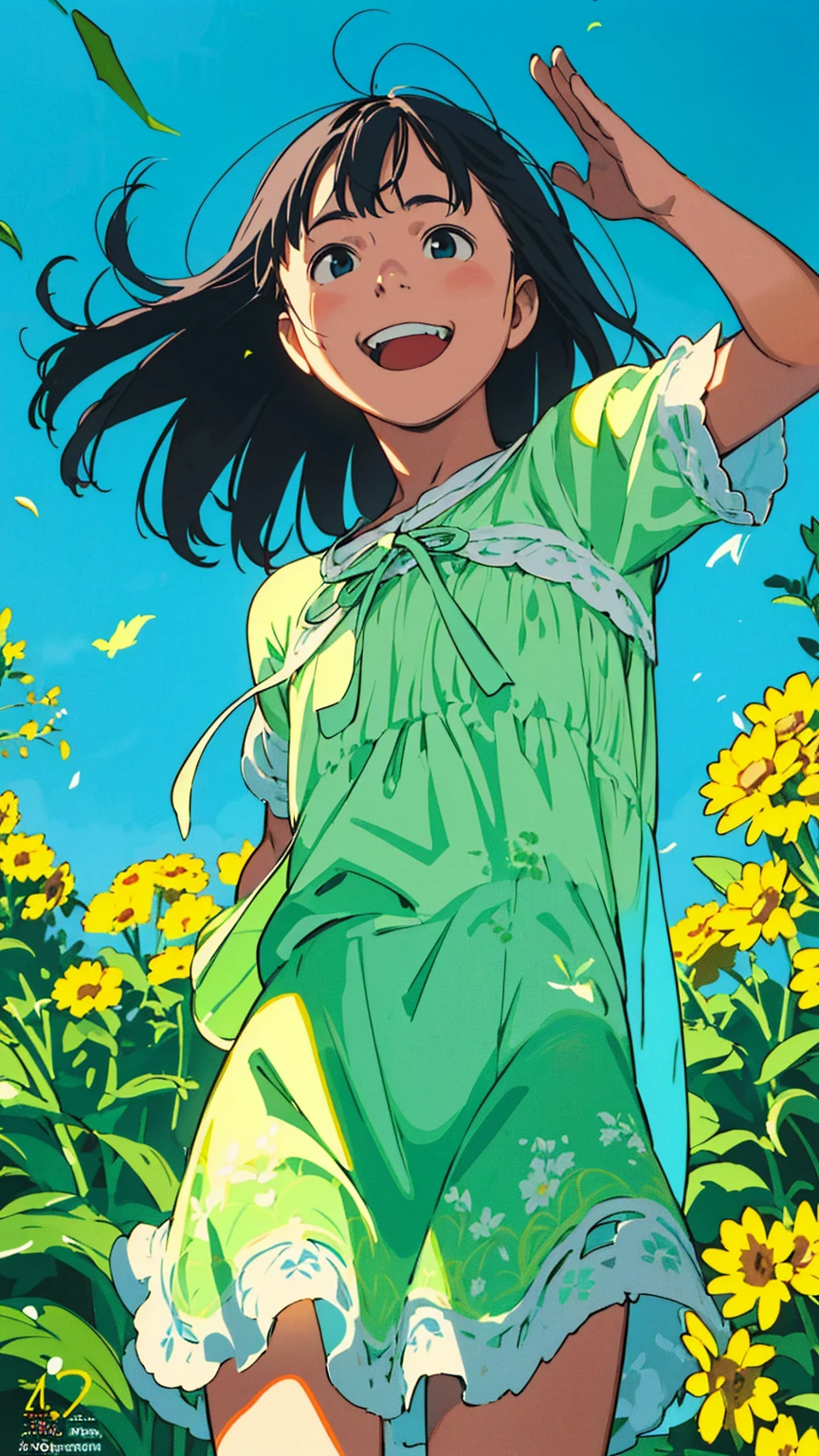 Reasonable design, Clear lines, High Sharpness, (Highest quality,8K,Perfect sharpness,Ultra fine,High resolution,masterpiece:1.2), Perfect Anatomy:1.5, Official Art, Illustrations that tell a story, (Whitish background:0. 9)、Body Positivity、多Mr.な身体表現、(Random and energetic poses)、Perfect beauty、Perfect beautiful face、Strong winds、A rich expression、Dynamic composition、smile、Golden ratio composition、colorful、((Mr.々Different angles and perspectives))、Anime Art、(Mini dress)、(Overcoming stereotypes)、 Glowing Skin、(Natural beauty)、smile、Bangs、(Soft and flowing hair)、(countryside)、(Nostalgic atmosphere)、Put it up to your thighs、(Playful and carefree)、(多Mr.な民族のキャラクター)、(innocent attitude)、(Sunny atmosphere)、(The skirt flutters wildly in the wind)、(Bright colors)、Beautiful Eyes、(Embarrassing)、Braided Hair、Summer Scene、Smiling among flowers、Angle from below、Side angle、