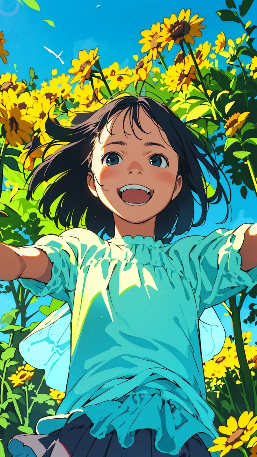 Reasonable design, Clear lines, High Sharpness, (Highest quality,8K,Perfect sharpness,Ultra fine,High resolution,masterpiece:1.2), Perfect Anatomy:1.5, Official Art, Illustrations that tell a story, (Whitish background:0. 9)、Body Positivity、多Mr.な身体表現、(Random and energetic poses)、Perfect beauty、Perfect beautiful face、Strong winds、A rich expression、Dynamic composition、smile、Golden ratio composition、colorful、((Mr.々Different angles and perspectives))、Anime Art、(Mini dress)、(Overcoming stereotypes)、 Glowing Skin、(Natural beauty)、smile、Bangs、(Soft and flowing hair)、(countryside)、(Nostalgic atmosphere)、Put it up to your thighs、(Playful and carefree)、(多Mr.な民族のキャラクター)、(innocent attitude)、(Sunny atmosphere)、(The skirt flutters wildly in the wind)、(Bright colors)、Beautiful Eyes、(Embarrassing)、Braided Hair、Summer Scene、Smiling among flowers、Angle from below、Side angle、