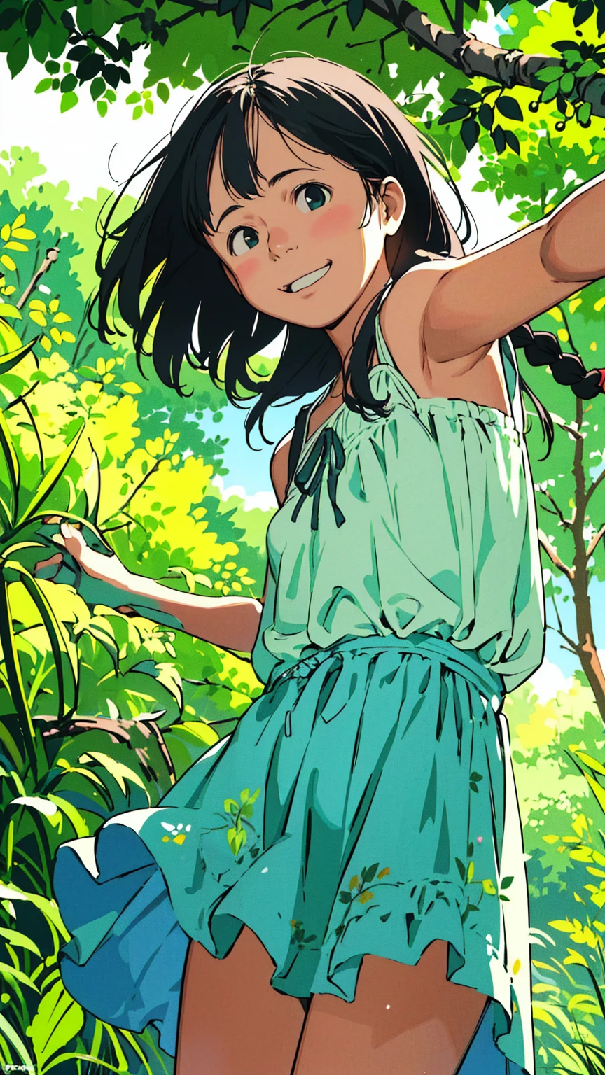 Reasonable design, Clear lines, High Sharpness, (Highest quality,8K,Perfect sharpness,Ultra fine,High resolution,masterpiece:1.2), Perfect ???????:1.5, Official Art, Illustrations that tell a story, (Whitish background:0. 9)、Body Positivity、多Mr.な身体表現、(Random and energetic poses)、Perfect beauty、Perfect beautiful face、Strong winds、A rich expression、Dynamic composition、smile、Golden ratio composition、colorful、((Mr.々Different angles and perspectives))、Anime Art、(Mini dress)、(Overcoming stereotypes)、 Glowing Skin、(Natural beauty)、smile、Bangs、(Soft and flowing hair)、(countryside)、(Nostalgic atmosphere)、Put it up to your thighs、(Playful and carefree)、(多Mr.な民族のキャラクター)、(innocent attitude)、(Sunny atmosphere)、(The skirt flutters wildly in the wind)、(Bright colors)、Beautiful Eyes、(Embarrassing)、Braided Hair、Summer Scene、Smiling among flowers、Angle from below、Side angle、
