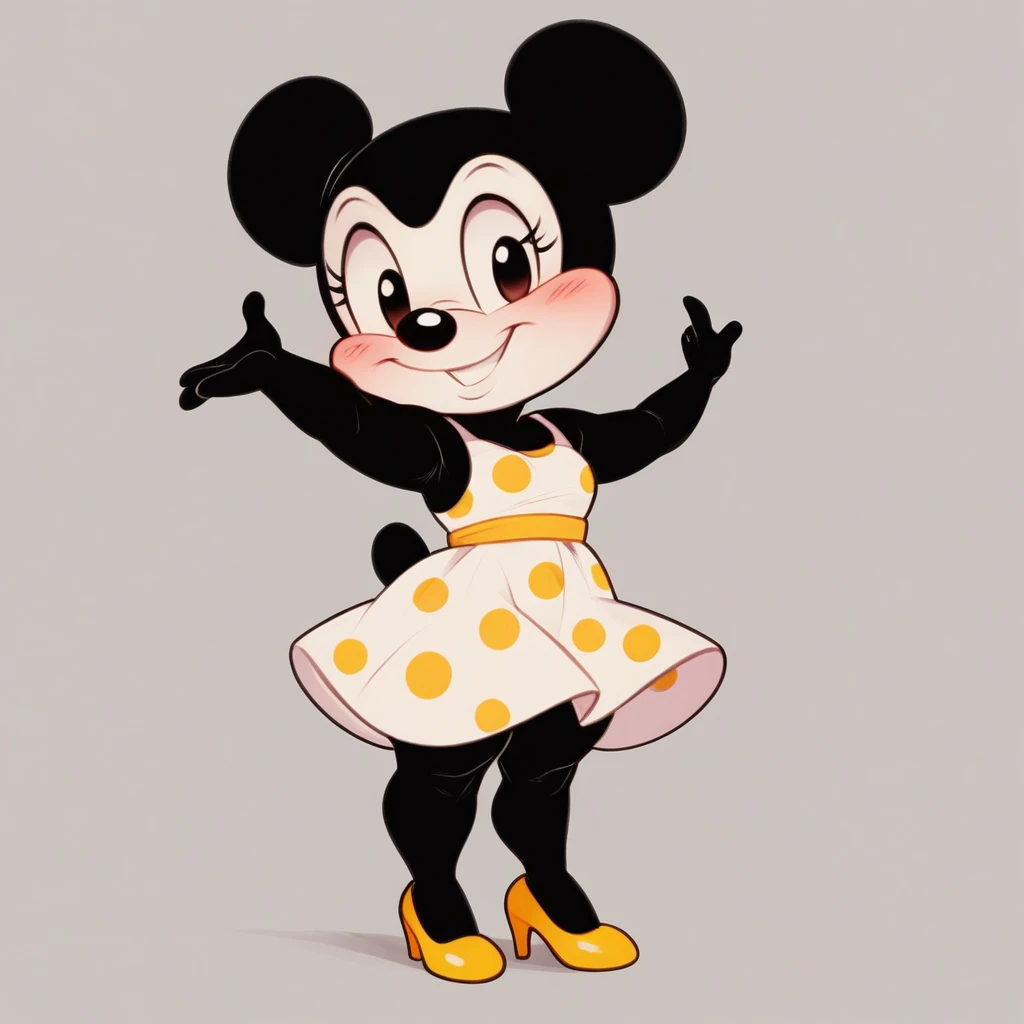 Furry, Minnie Mouse, shortstack, short stature, slightly blushed, disney cartoon artstyle, yellow heels, white spotted dress, black body, black body