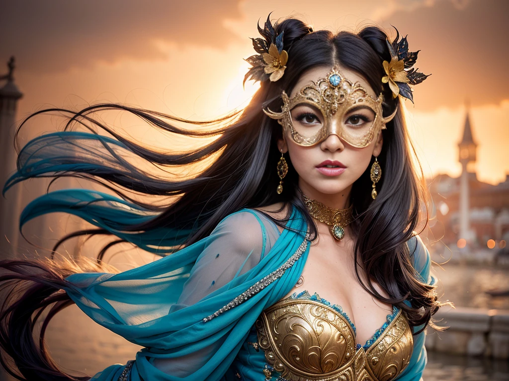 A majestic woman soaring gracefully through the sky, with long flowing hair trailing behind her. She wears an elegant, flowing gown that ripples in the wind, shimmering with shades of blue and silver. Her outstretched arms give the impression of  and strength, with perfect hands elegantly poised. Her body is anatomically perfect, exuding grace and beauty. The sky around her is a brilliant mix of sunset colors—orange, pink, and purple—casting a magical glow. Wispy clouds float around her, and the light from the setting sun highlights her serene, yet sad and melancholic expression, ((she wears an Intricate and enigmatic typical Venetian carnival mask)). Face partially hidden behind carnival golden metal mask. Mask covers part of her face, including part of her eyes. She flies over a lush medieval garden, filled with vibrant flowers and ancient stone pathways. The overall scene is ethereal and dreamlike, capturing a moment of pure liberation and beauty, while maintaining a SFW image. [(highly detailed face:1.4)], full body portrait, by lee jeffries, nikon d850, film stock photograph, 4 kodak portra 400, camera f1.6 lens, rich colors, hyper realistic, lifelike texture, dramatic lighting, cinestill 800
