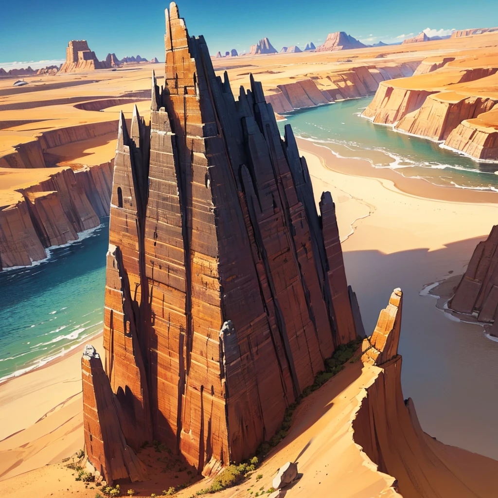 ((((No humans))))、Yellow sand in the sky,The background is a vast rocky mountain,Rich colors,デジタルLandscape painting, Detailed Landscape — Width 672, Landscape painting, Environmental Design Illustration, Landscape painting 詳細, landscape, Concept Art, Highly detailed digital art in 4K, 4K Digital Painting, 4K Digital Painting, Amazing digital illustrations, Desert Background, デジタルペインティングConcept Art, Detailed digital painting, Inspired by Christophe Vaché、From above at an angle、cliff、city、Fantasy