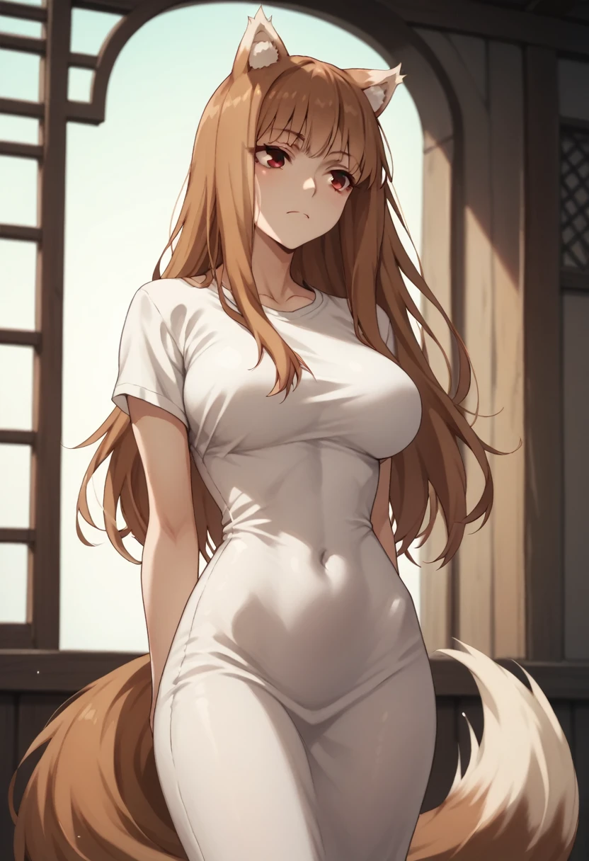 Brown Hair,Long Hair,Red eyes, Wolf Girl,Wolf Ears,Wolf's tail、Large Breasts、T-Shirts(tight)Maxi Dresses