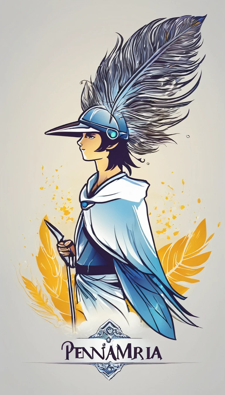 Create a minimalistic, simple, fantastic, easy to understand, logo design of a boy and a feather for an upcoming Fantasy Role Playing Game called " Penamemoria". The game is about a world full of bird and feathers. A boy enters that world and discovers his true artistic identity. Create a logo design that transmits the essence of this videogame. It´s a fantasy game, with fantasy elements. Create the logo in the center and a fantasy theme as background. Use the colours blue, white, yellow in the logo. The logo design must convey a sense of fantasy, dreams and music. Must convey a feeling of being a true Dreamer