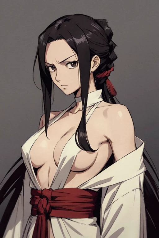 1 sexy female character from one piece, long, tied-up hair with a loose strand in front of the face, wearing a masculine kimono that falls sensually over the shoulders, eyes black, well-toned skin and a calm and serene demeanor.