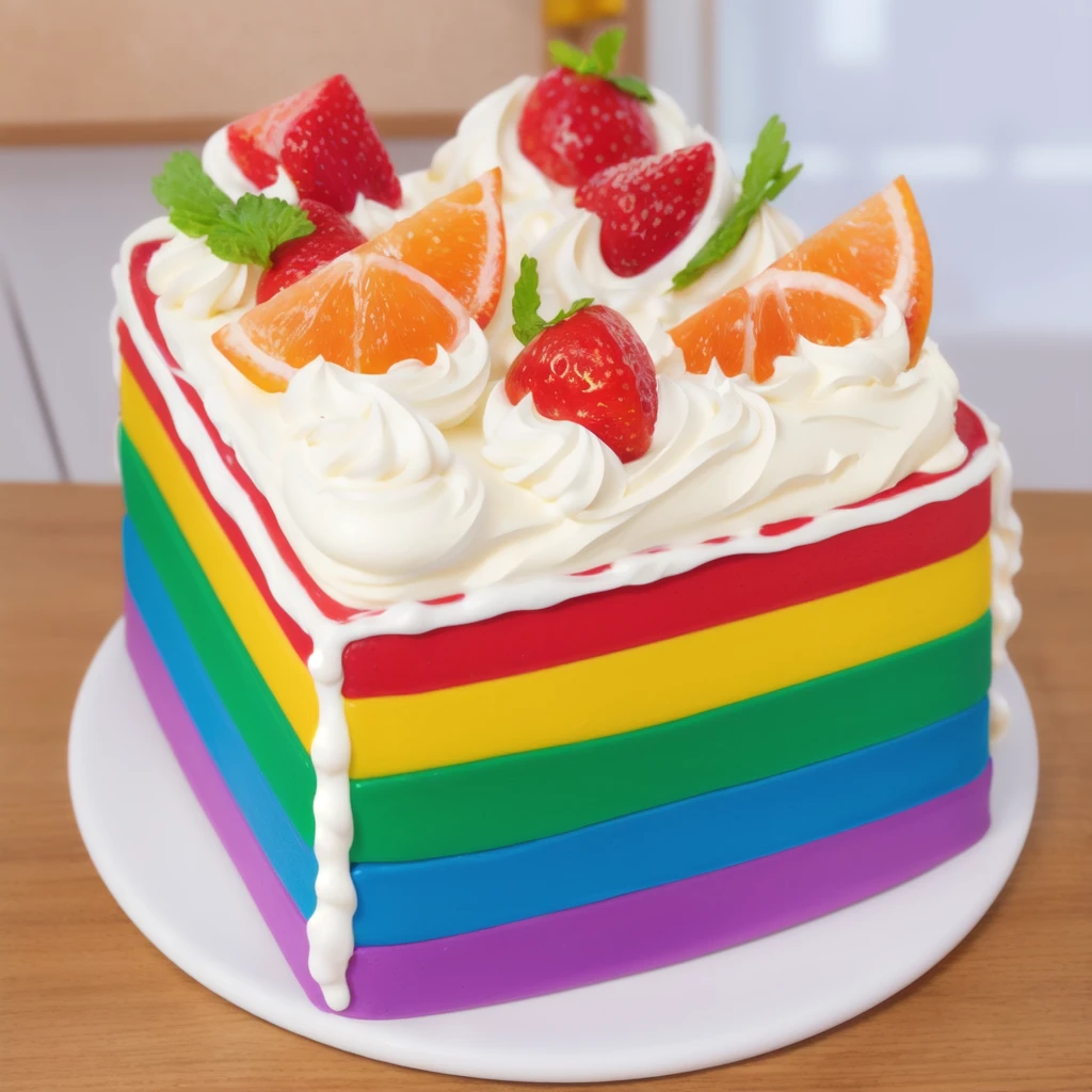 on a wooden table, on a porcelain plate, a tiny cream rainbow cake, with cream lines drawn on its edges, white cream swirls, tiny strawberries, oranges and watermelon slices made of polymer clay on the cake, window light, bright lights, soft light, window light, professional lighting, light from the window, neat light, realistic texture, realistic style, detailed texture, high quality, high resolution, high quality rendering, realistic photo, brightning light, macro photo