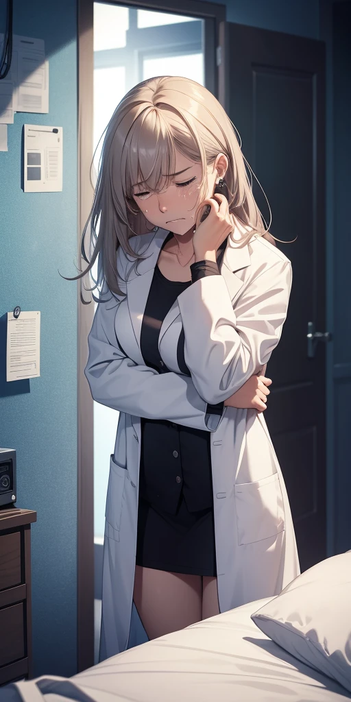 (photo)a woman is crying, pain, sad,Wearing a lab coat, Brad, under the bed, hidden, Fear, Dark Environment, fear,Fear, high resolution, Detailed outline,8K,