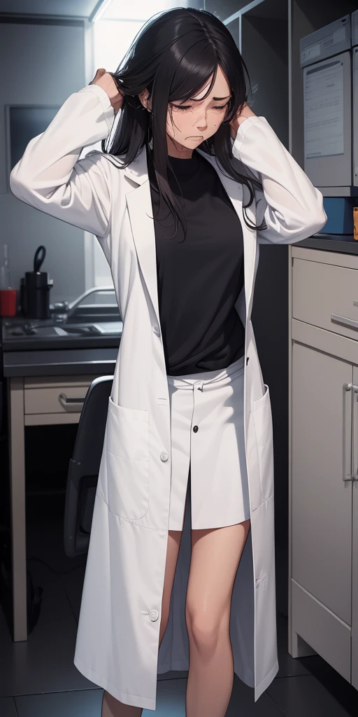 (photo)a woman is crying, pain, sad,Wearing a lab coat, Brad, under the bed, hidden, Fear, Dark Environment, fear,Fear, high resolution, Detailed outline,8K,
