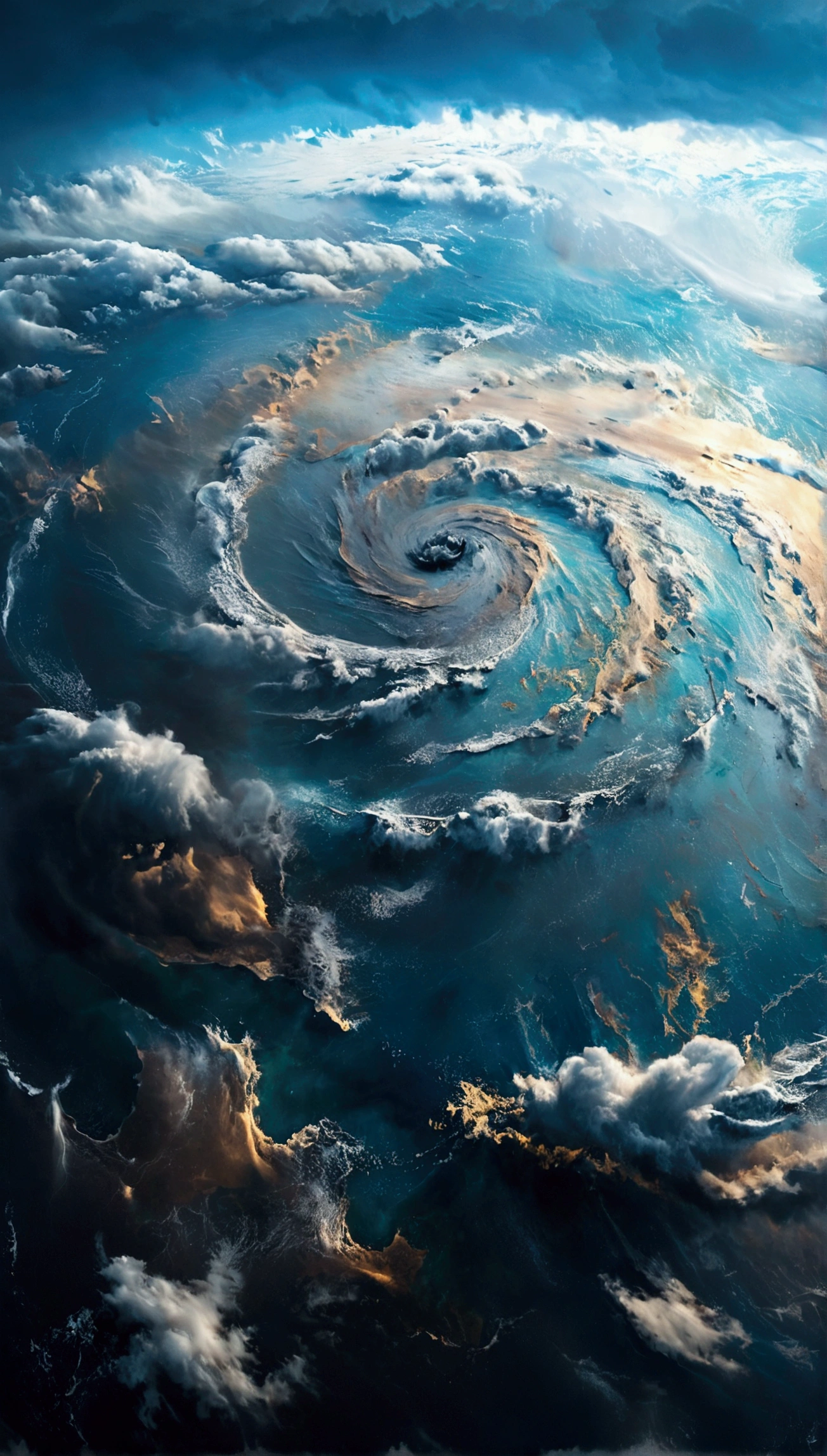 aerial view of the earths oceans during a huge storm but instead of the eye of the storm being circular, it is triangular, subtle variations in texture and colour