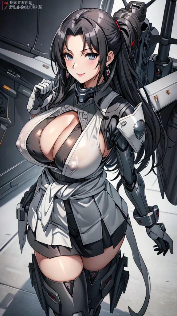 Dark gray translucent mecha,Full body mecha,Long black hair,Wavy hair style,Huge ,cleavag hanging from waist,fighter pilot,fighter hangar,sexly,Lipstick,y eyes,stockings,Short skirt,Smile,earrings,lipstick,Nipple showing,pluure,Half-length photo,Eye-catching as silk,asthma