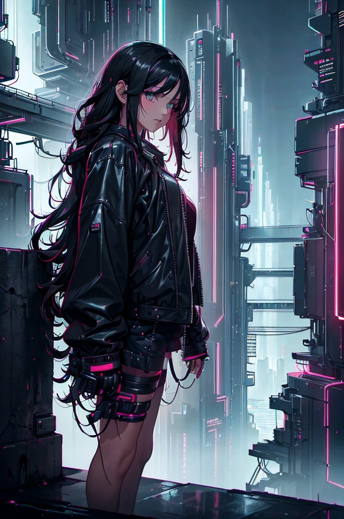 (masterpiece, best quality), 8K, 1girl, black long hair, expressive eyes, wearing leather jacket and leather shorts, rainy day, hazy sky, neon city lights, Cyberpunk City, Depiction of a girl standing on a cyberpunk city skyscraper hesitantly looking down on the cityscape, Cyberpunk Fashion