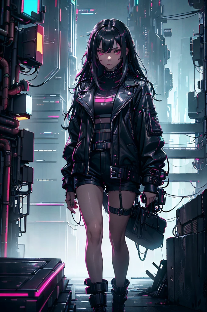 (masterpiece, best quality), 8K, 1girl, black long hair, expressive eyes, wearing leather jacket and leather shorts, rainy day, hazy sky, neon city lights, Cyberpunk City, Depiction of a girl standing on a cyberpunk city skyscraper hesitantly looking down on the cityscape, Cyberpunk Fashion