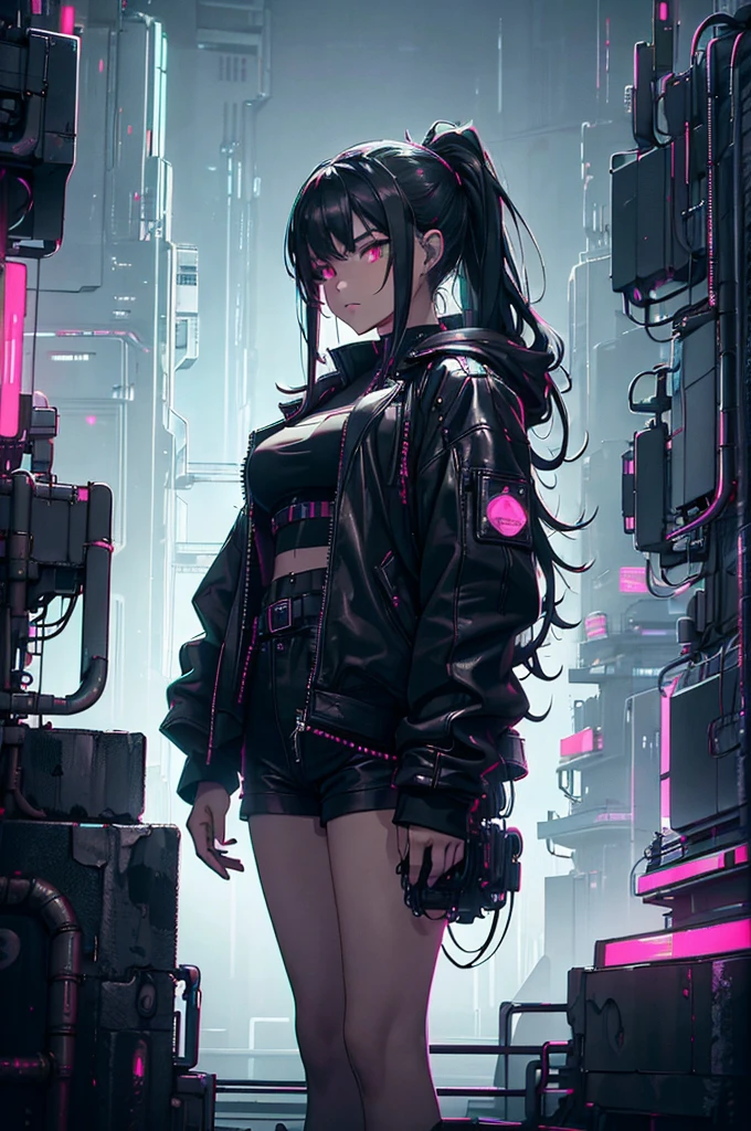 (masterpiece, best quality), 8K, 1girl, black long hair, expressive eyes, wearing leather jacket and leather shorts, rainy day, hazy sky, neon city lights, Cyberpunk City, Depiction of a girl standing on a cyberpunk city skyscraper hesitantly looking down on the cityscape, Cyberpunk Fashion