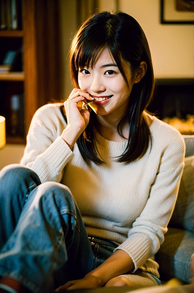 Very cute 20 year old Japanese woman, corners of mouth turned up, gentle smile, muffin top, detailed face, detailed body with nice curves, drinking wine in the living room. Late night, movie photography, Leica 50 mm prime lens, Cine Steel 800T film, art color photography