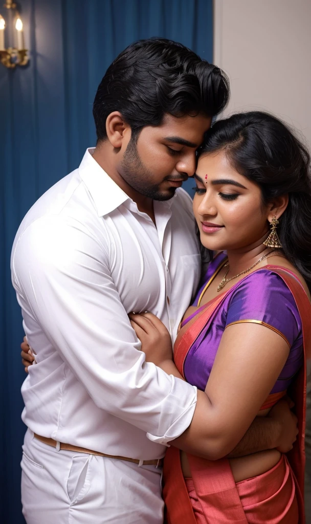 a  20-year-old shirtless man  affectionately hugging and kissing aradiant, full-figured South Indian plus-sized 30 year old teacher wearing a blue silky saree in  dressing room, captured in a full-body image with vibrant hues and meticulous details. Full body image